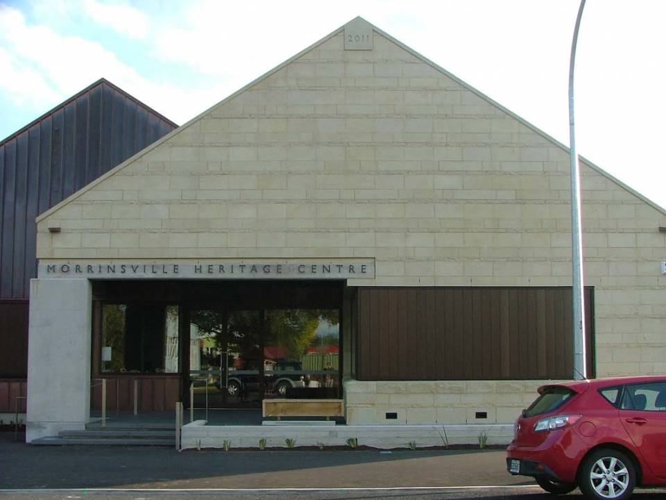 Close-up view of the Morrinsville Museum in Hinuera Stone showing the key stone