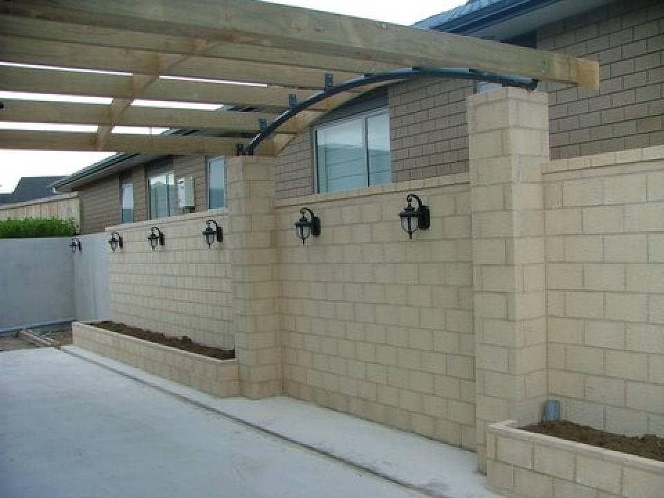 Brick columns and flower boxes